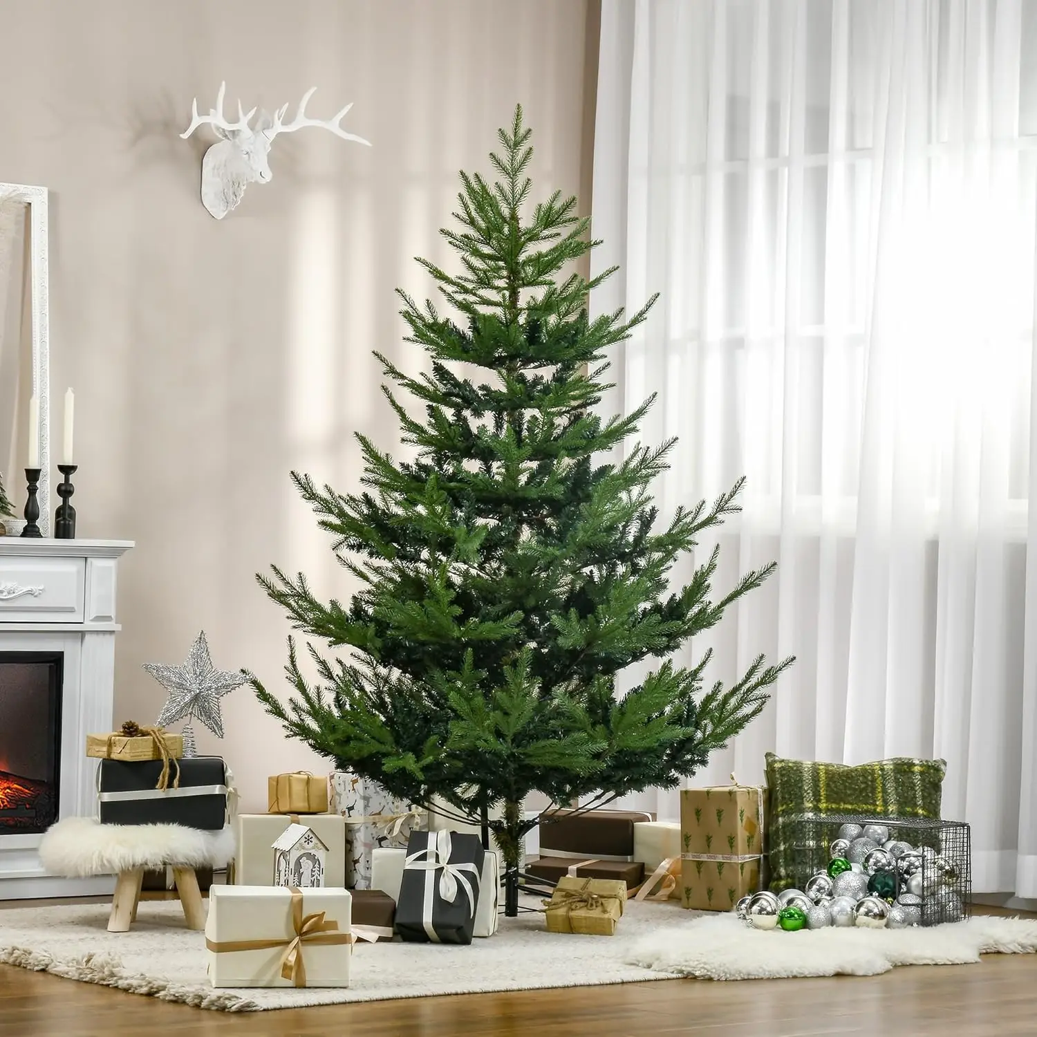 

HOMCOM 6 Foot Artificial Christmas Tree, Pine Hinged Xmas Tree with 795 Realistic Branches, Steel Base, Auto Open, Green