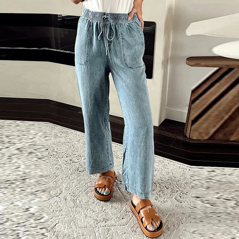 ジーンズ女性デニムストレートパンツストリートレースアップ弾性ウエストポケットユーズド加工洗浄ヴィンテージ 2025 足首丈のズボン