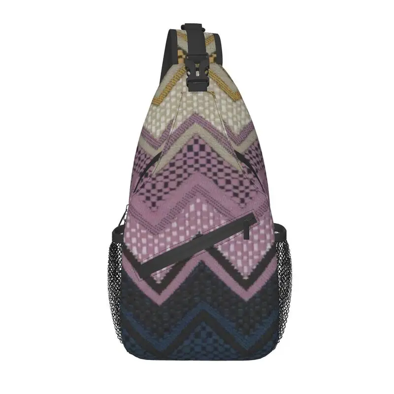 

Colorful Zigzag Textile Pattern Sling Crossbody Backpack Men Zig Zag Geometric Shoulder Chest Bag for Cycling Camping Daypack