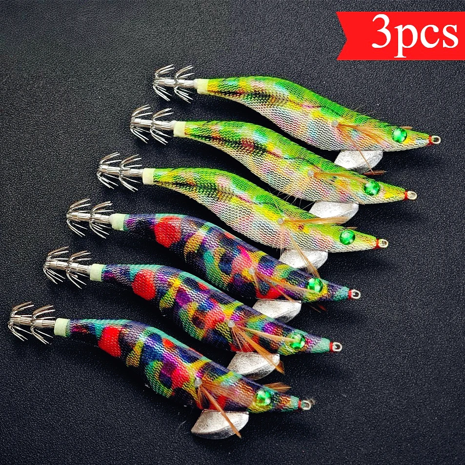 3-teiliges Tintenfisch-Jig-Set, 13 cm, simulierter Garnelen-Angelköder, stoffbezogene Holzgarnelen, künstlicher Köder, Meeresseelachs- und Oktopus-Angelausrüstung