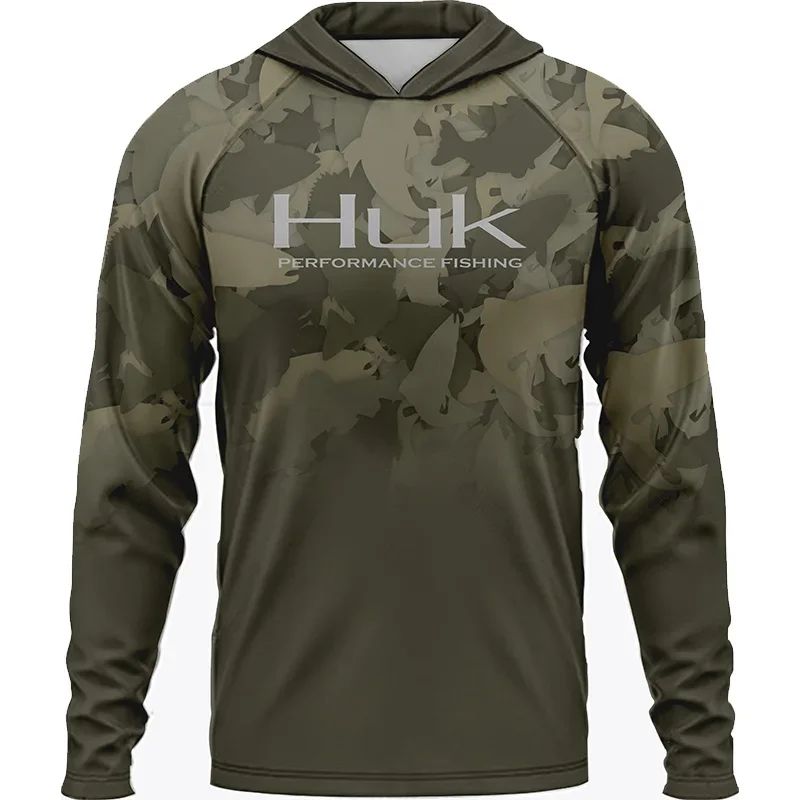 Men ’s Fishing Shirts Clothing HUK Long Sleeve T-shirt UPF 50 Hood Sun Protection Uv Breathable Angling Fishing Wear Jacket