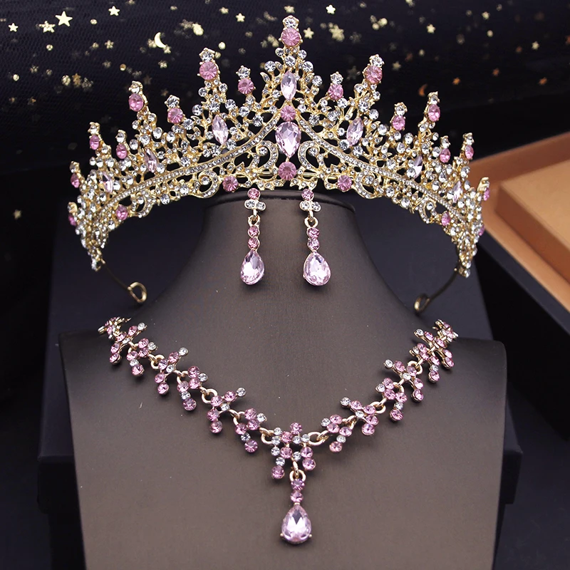 Pink Colors Tiaras Bridal Jewelry Sets for Women Choker Necklace Earrings With Crown Wedding Bride Set Costume Accessories