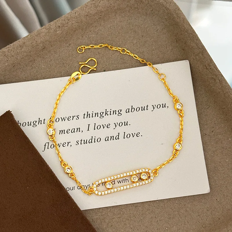Luxury 9999 24K Real Gold Micro-paved Three-diamond Nose Bracelet Earrings Oval Lock Buckle Three-diamond Set Light Luxury