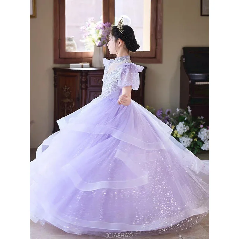 

Long Dress Purple Flower Girl Wedding Dresses Children Clothes Host Evening Birthday Piano Outfits Costume Kids Princess Gown