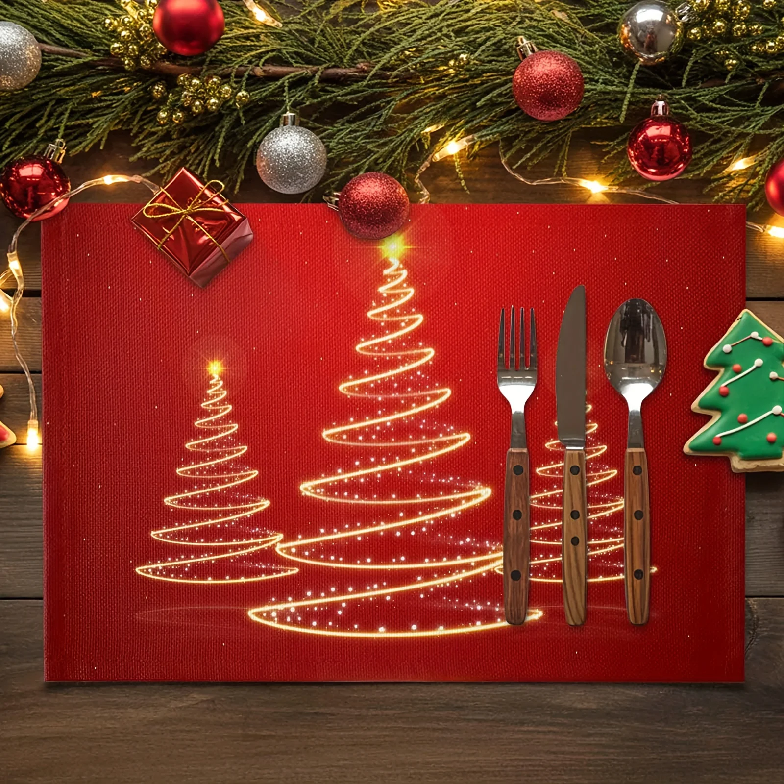 Retro Christmas Linen Placemat Xmas Pine Branch Snow Pattern Heat Resistant Table Mat for Dining Table Home New Year Holiday