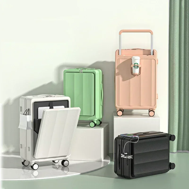 

Trolley Luggage Wholesale Front First Class Open Suitcase with USB Charging and Cup holder Carry on Luggage Set
