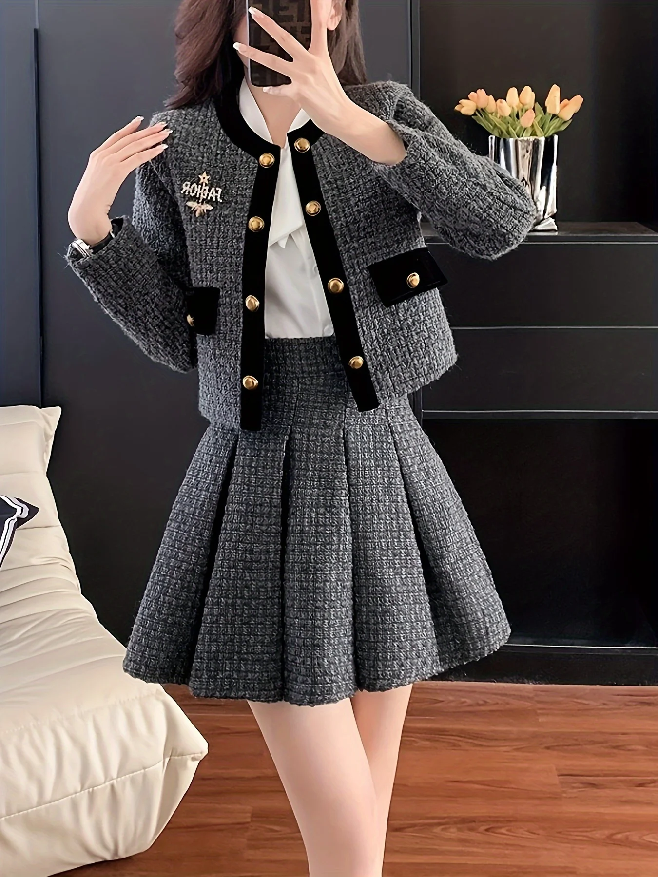 

2 Pcs Chic Tweed Jacket & Skirt Set - Women's Skirt Suits - Button Front Long Sleeve Crew Neck Jacket & High Waist Flare