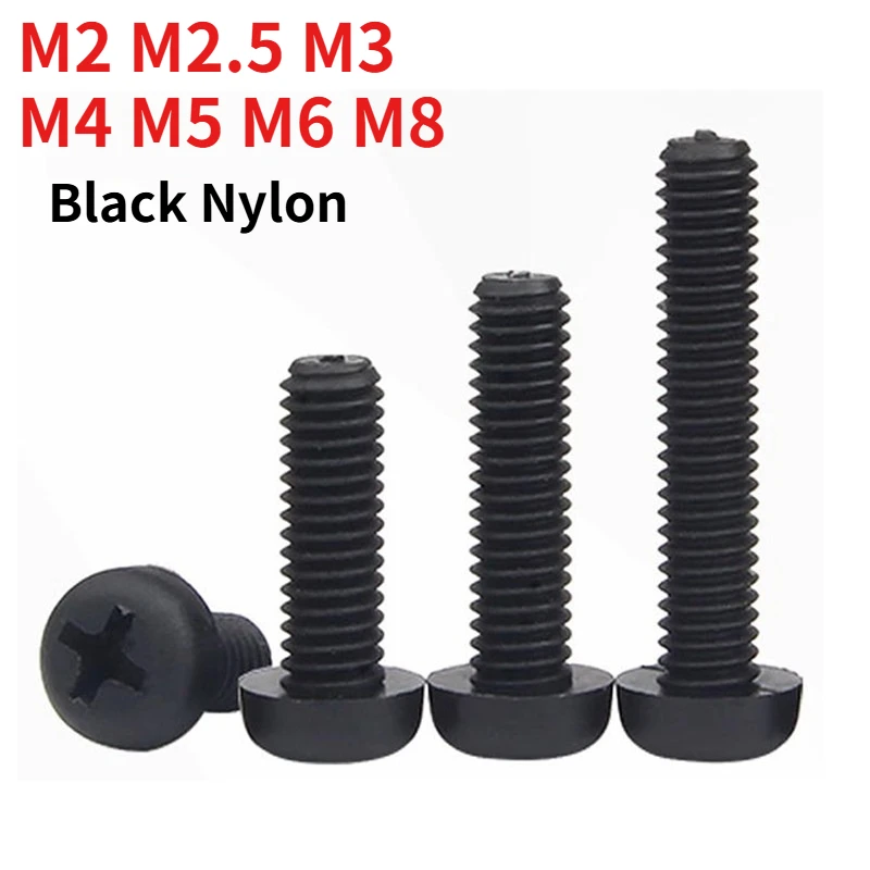 M2 M2.5 M3 M4 M5 M6 M8 Black Nylon Pan-Head Phillips Machine Screw Plastic Round-Head Cross Screw Insulating Bolt