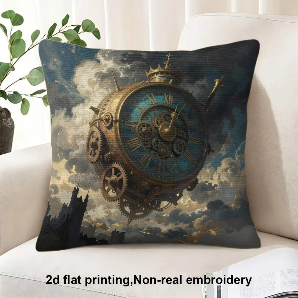 Steampunk Flying Clock Castle Throw Pillow Cover Cloud Sky Gear Vintage Cushion Case Home Decor Pillowcase