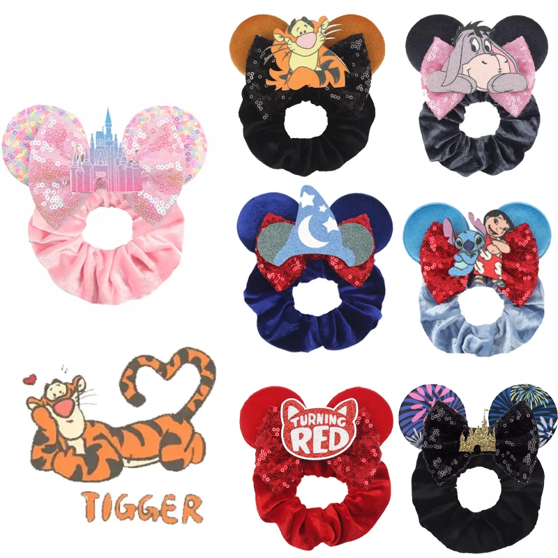 Newest Cute Disney Tigger Hair Scrunchies Velvet Hairband For Girls Women Sequins Bows Headband Women Trip DIY Hair Accessories