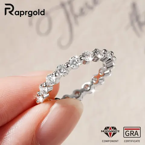 RAPRGOLD 3mm Round Cut Moissanite Full Eternity Band Ring for Women Engagement Stackable Rings Wedding Fine Jewelry Gifts Anillo