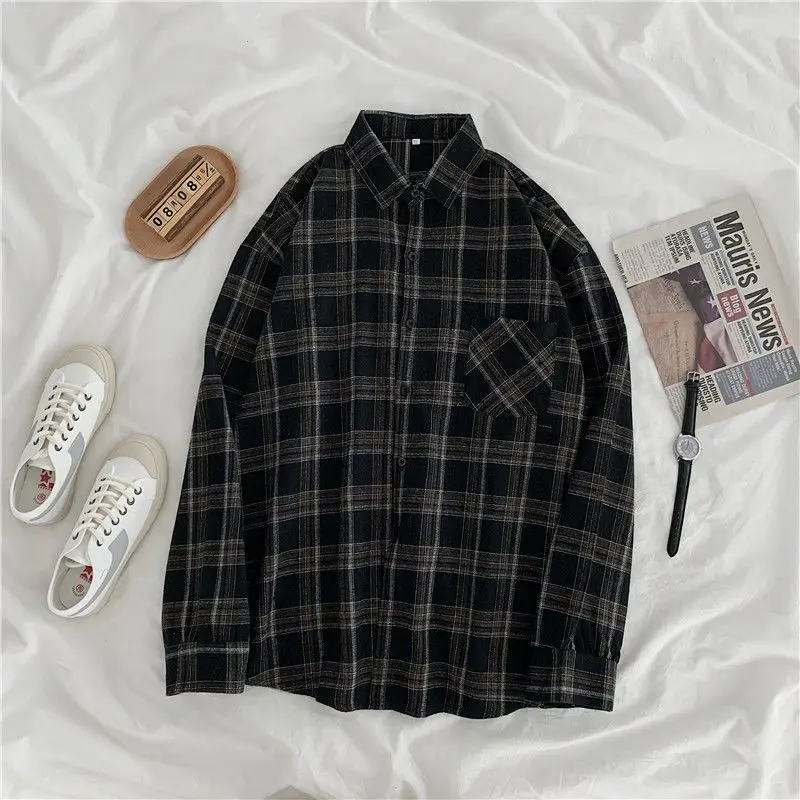 Checkered shirt, women's long sleeved retro Hong Kong style loose oversized top, fashionable and versatile, autumn outerwear