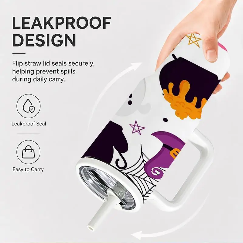 1pc 40oz 304 Stainless Steel Hand-held Cup Halloween Witch Spider Web Cauldron Autumn Leaves Pattern Insulated Tumbler with Handle And Straw for Party Outdoor Travel Suitable Gifts for Halloween Christmas And Other Special Festivals