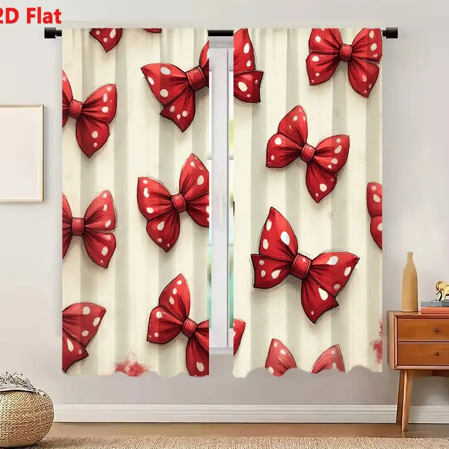 2Pcs Curtains Add 2D Flat Red Ribbons Bows With White Polka Dots On Beige Background Seamless Pattern Window Drapes for Bedroom