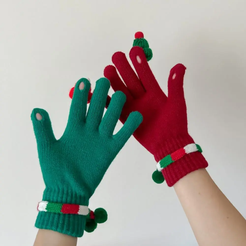 Full Finger Christmas Red Gloves Christmas Gift Split Finger New Year Red Gloves Touch Screen Leaky Finger Knitted Gloves Women