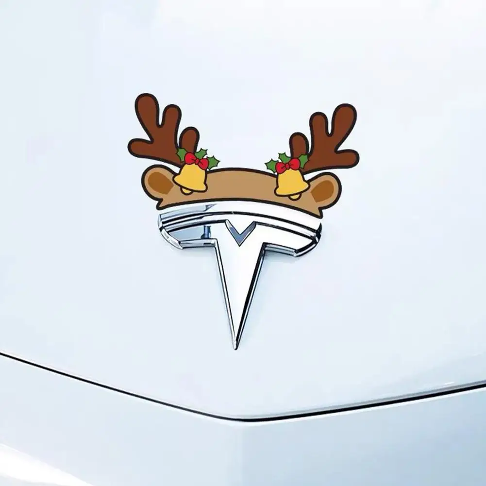 الإبداعية سانتا قبعة عيد الميلاد ملصقات ل تسلا نموذج 3 Y الجبهة شعار ديكور احتفالي اكسسوارات السيارات عطلة تعديل