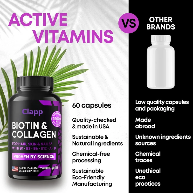 Biotin vitamins keratin and collagen containing marine collagen peptides and B complexes in hair, skin, and nails