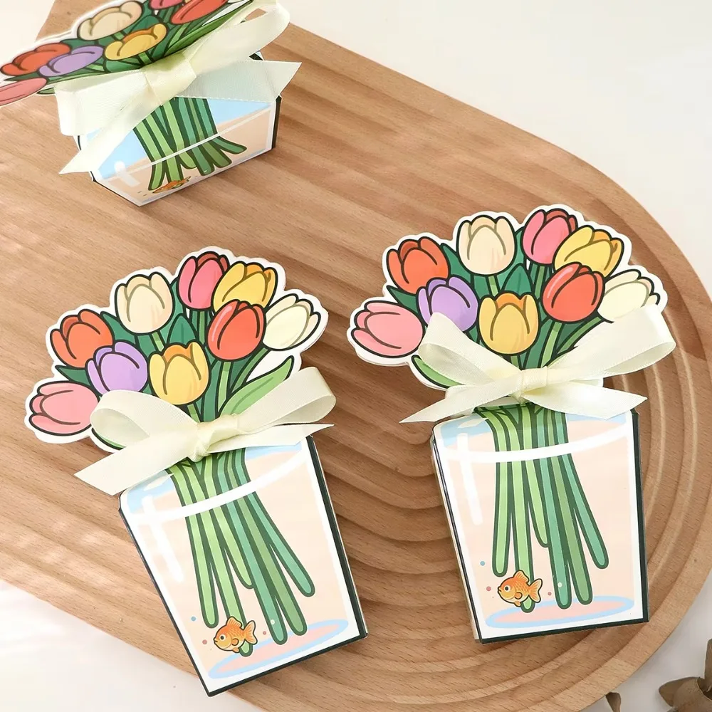 10Pcs 3D Tulip Gift Box with Ribbon Romantic Rose Packaging Box Bouquet Design Mini Floral Gift Bags Party Favors/Gift Decor