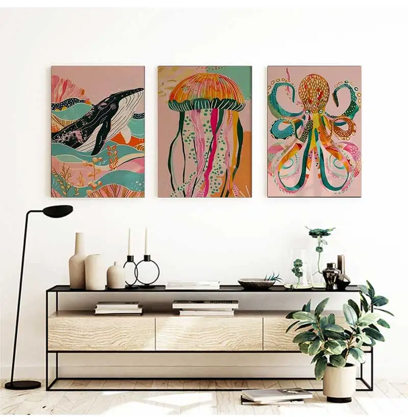 Ocean Animals Poster for Kids, Magical Pink Wall Decor Prints with Whale, Jellyfish, Octopus, Nursery & Kindergarten Wall Art