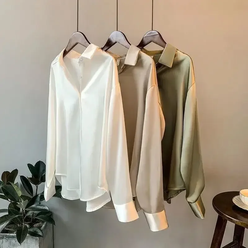 Satijnen Afwerking Shirts En Blouses Vrouwen Kleding Casual Top Ol Lange Mouw Knoop Elegante Shirts Franse Effen Blouses Voor Vrouwen