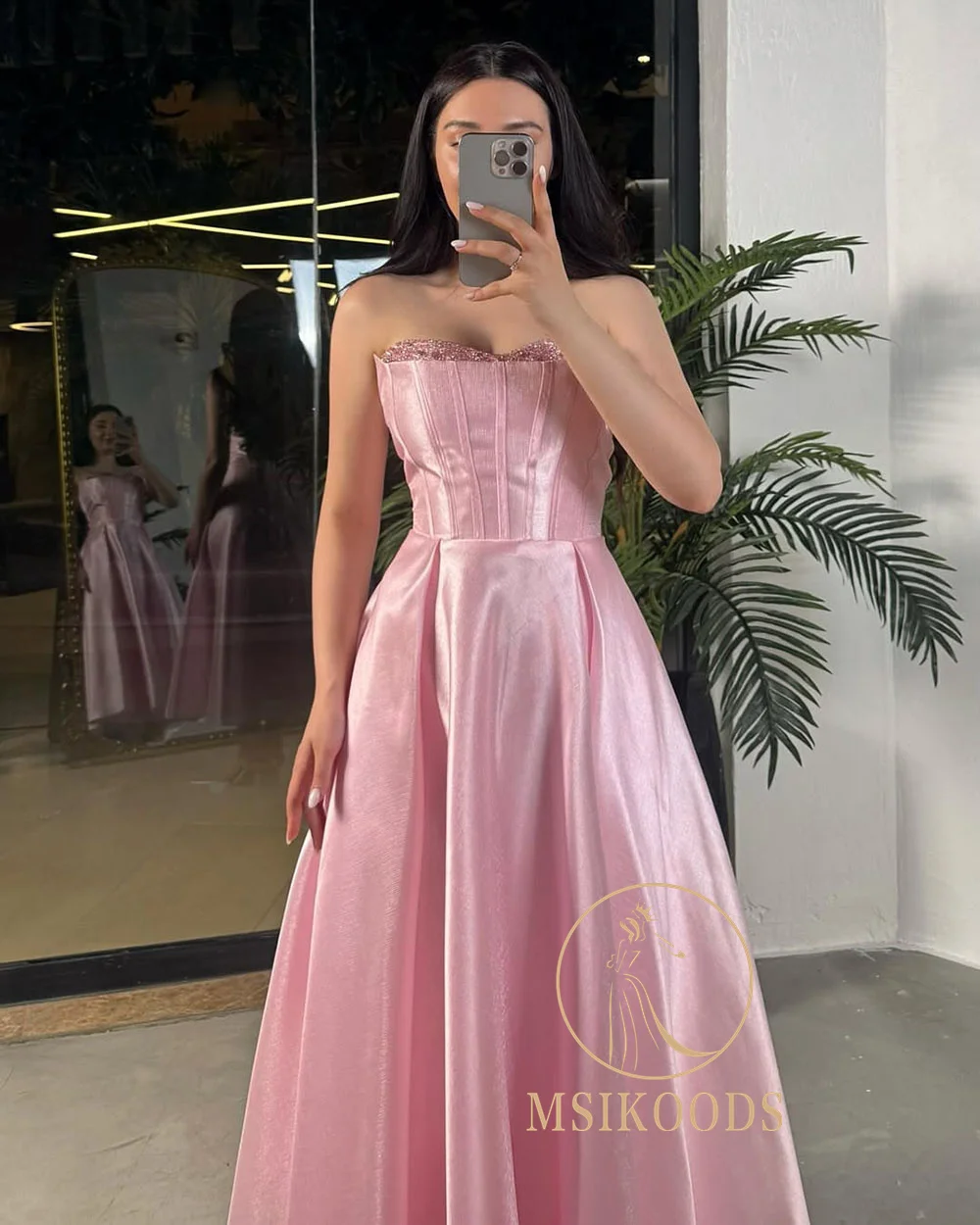Msikoods 핑크 생일 드레스 Strapless 스팽글 새틴 댄스 파티 드레스 라인 미디 우아한 파티 드레스 공식 게스트 가운 Customizd