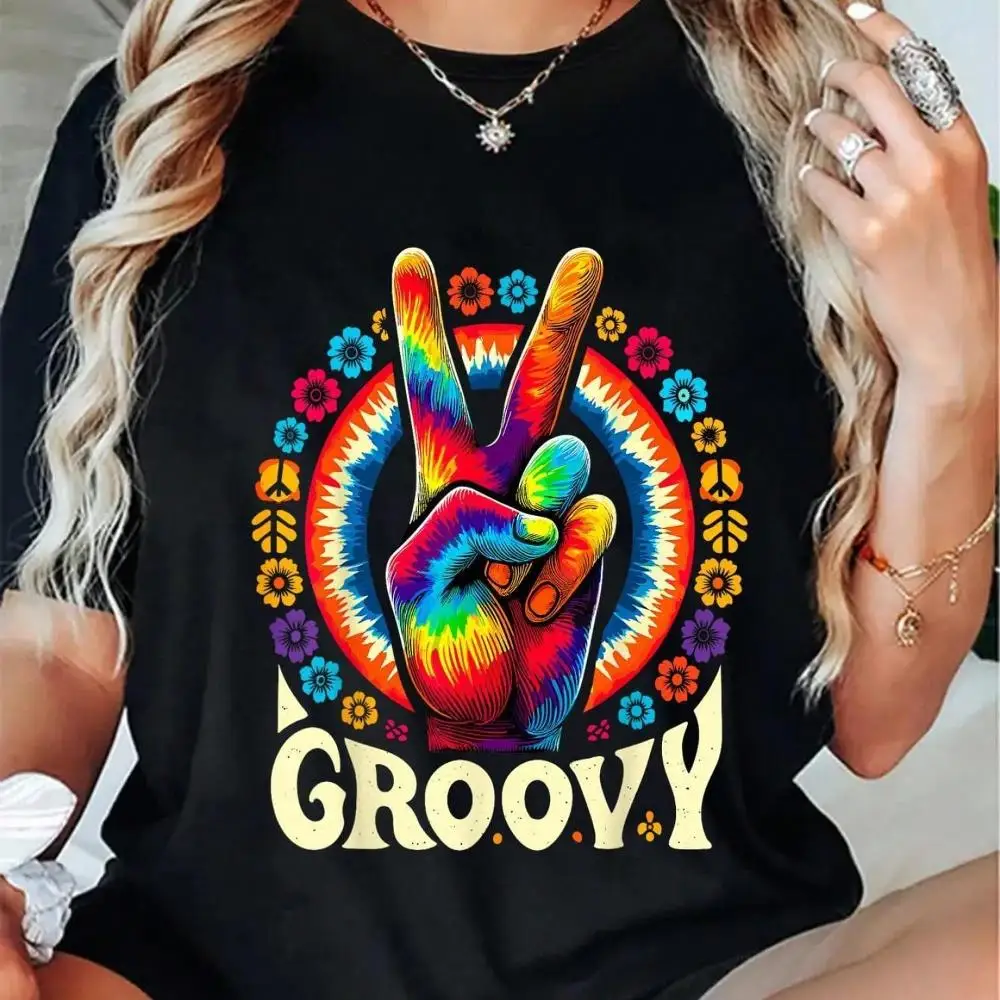 Men s Black Hippie Graphic TShirt Peace Sign Groovy Floral Print Retro 60s Style, Regular Fit Casual Party Shirt, Machine Washable, Festive Cloth