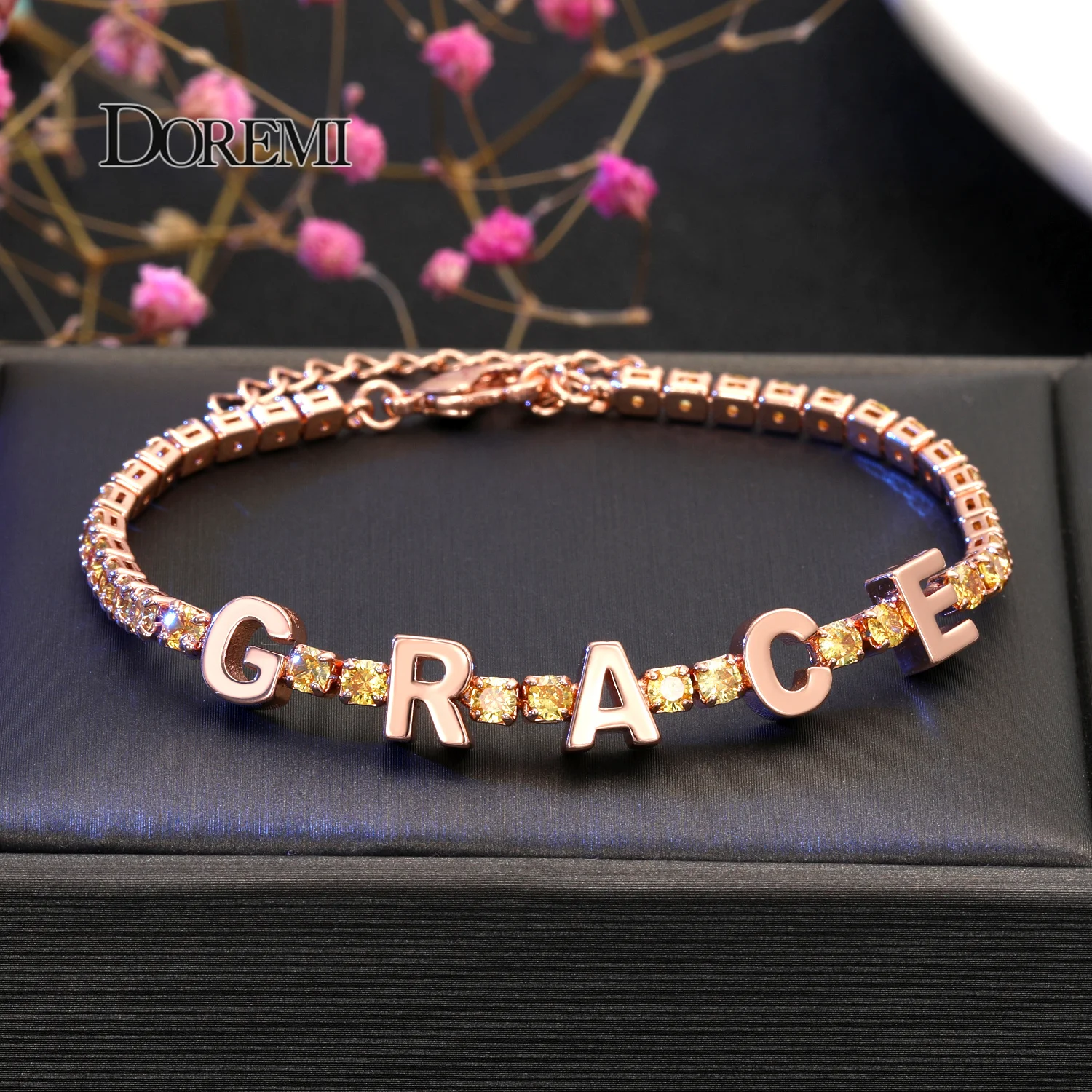 DOREMI New Custom Letters Bracelet Tennis Chain Colorful Zircon Personalized Name Bracelet Women Exquisite Customized Gift