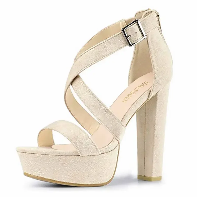 Women Sandals 2026 Summer Sexy 14cm Open Toe Thick High Heels Chunky Cross Strap Buckle Platform Pumps Dress Party Wedding Shoes image 4