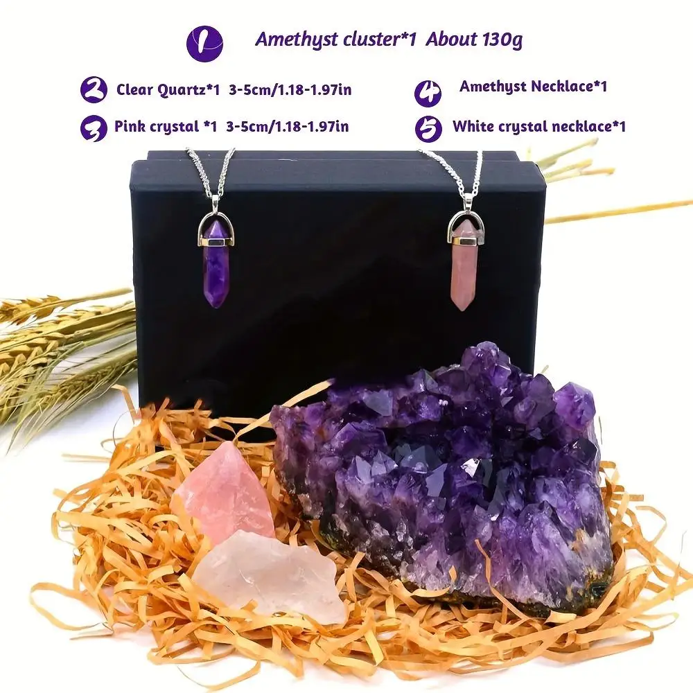 Natural Amethyst Cluster Set Including Amethyst Column Pendant Necklace, Original Mineral Amethyst Geode, Meditation Jewelry Making Specimen, Back-to-School Gift, Seasonal Decoration, Home Decoration