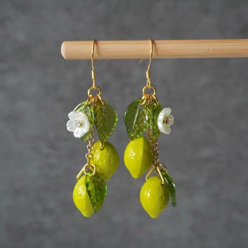 Czech glass lemon earrings，Light weight fruit food earrings can love Kawaii earrings Pastoral earrings for her birthday present