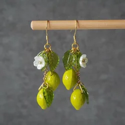 Czech glass lemon earrings，Light weight fruit food earrings can love Kawaii earrings Pastoral earrings for her birthday present