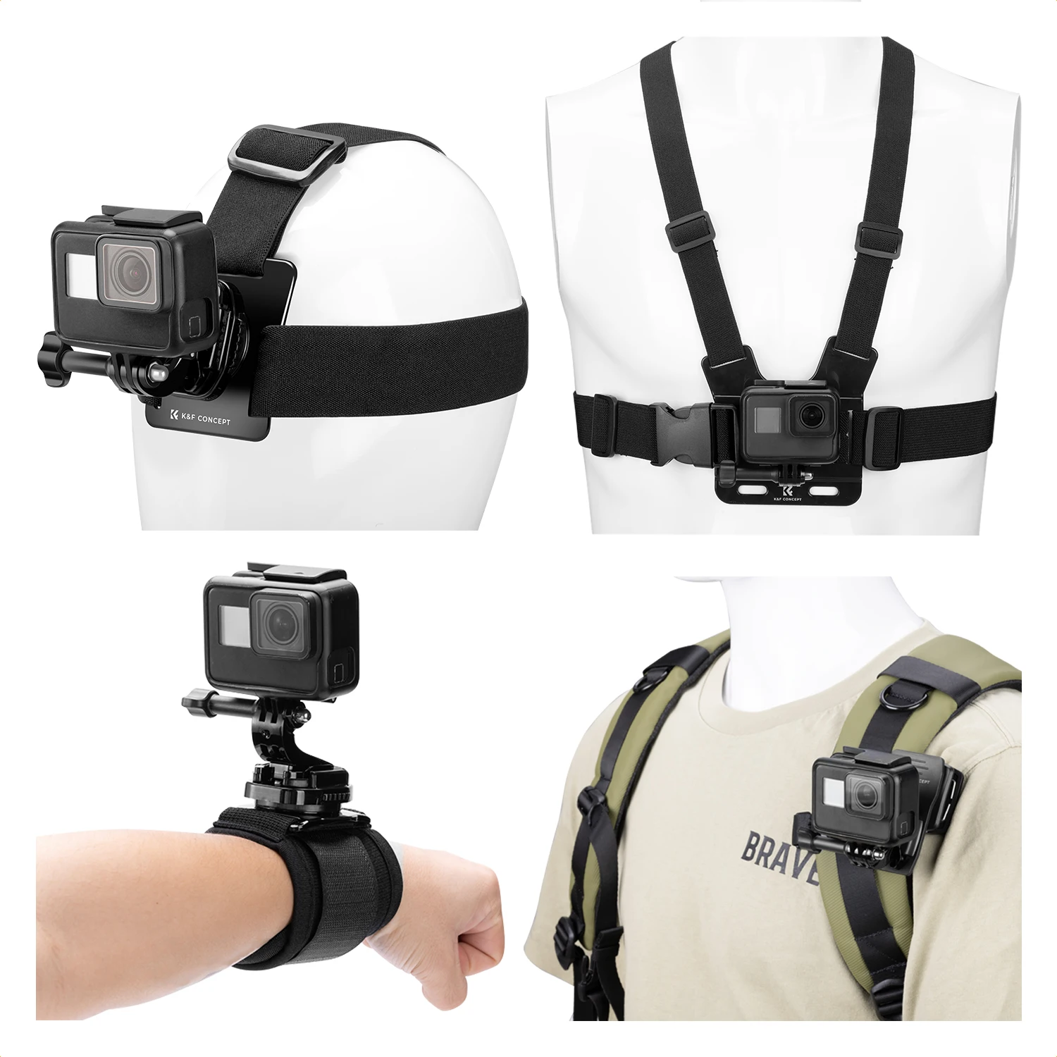 K&F CONCEPT 5in1 체스트 스트랩 백팩 클립 헤드 스트랩 손목 스트랩 GoPro Hero DJI Osmo Action 5 및 Pocket Insta360 호환 액세서리 세트