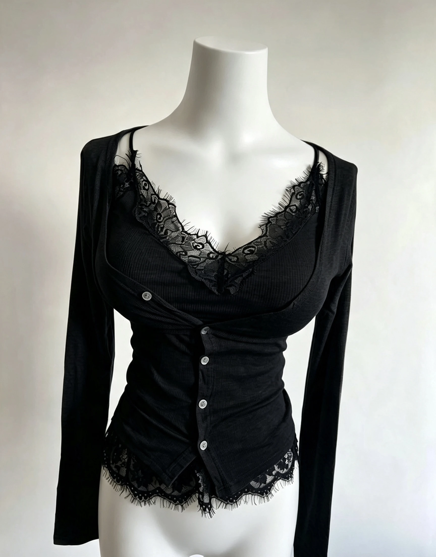 Sexy Lace Strap Vest Cardigan Set Women's Pure Desire Flavor 3 Colors Commute Style Moisture Wicking Long Sleeve V-Neck T-Shirt