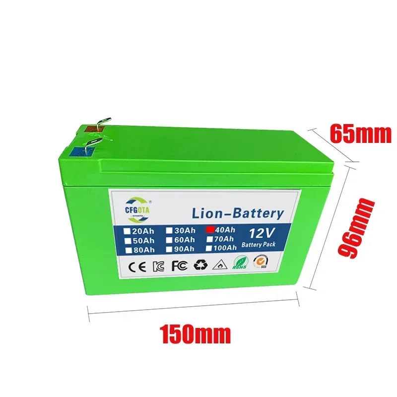 Upgraded 12v 40Ah 18650 Li Ion Battery Electric Vehicle Lithium Battery Pack 12V 40Ah Built-in BMS 80A High Current