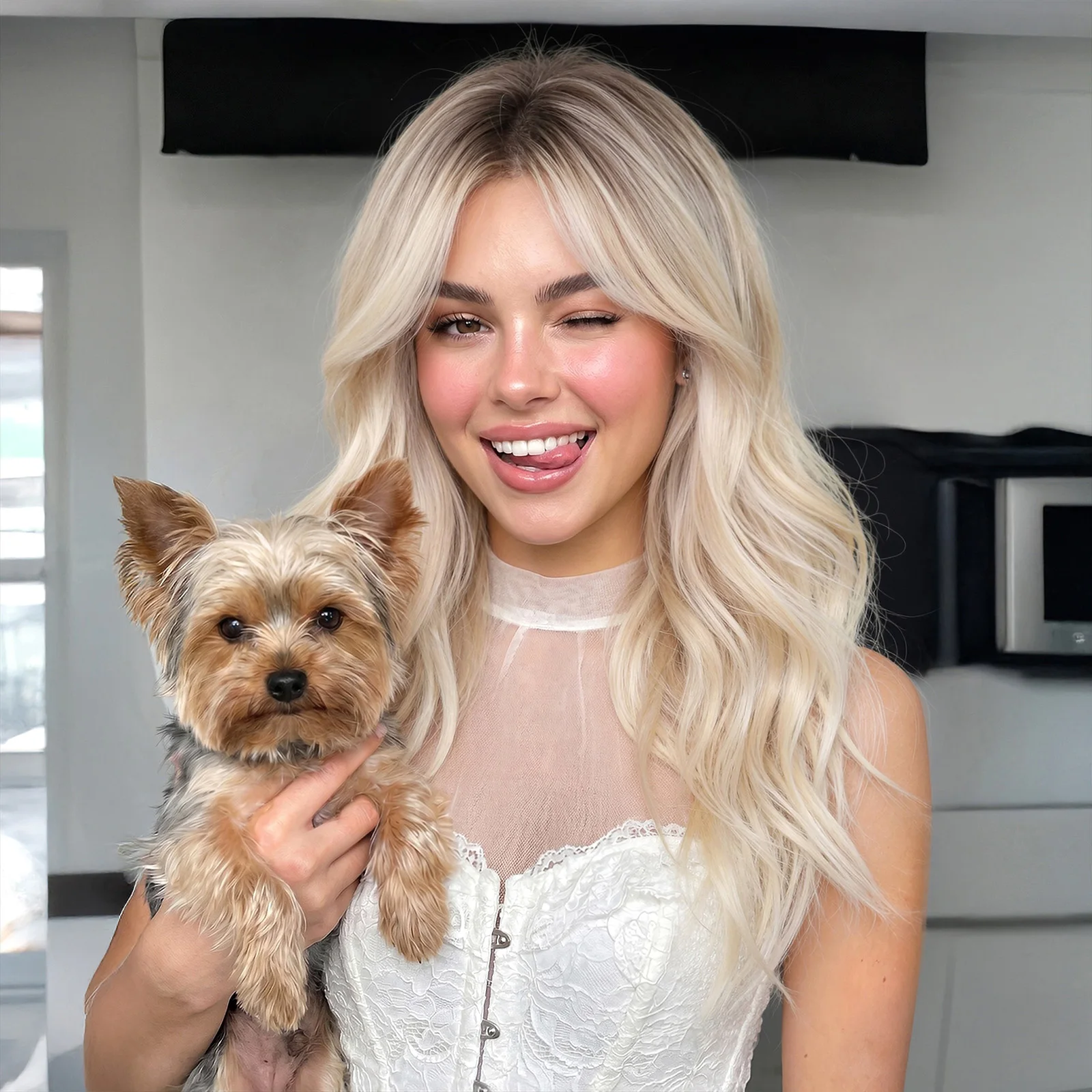 20inch Long Wave Dark Root Beige Blonde Wig for Woman Ombre Honey Blonde Synthetic Wig with Bangs for Girls Heat Resistant Daily Wear Wig Shadow Root Honey Blonde Wig with Curtain Bangs Dark Roots to Light Beige Blonde Wig Suitable for Halloween