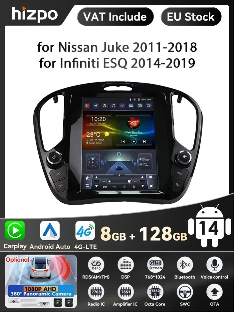 Hizpo 9,7' Auto-Multimediaplayer für Nissan Juke 2011-2018 für Infiniti ESQ 2014-2019 GPS Carplay 4G KI-Intelligenter Bildschirm 360°-Kamera 9,7 Zoll im Tesla-Stil Intelligenter Bildschirm