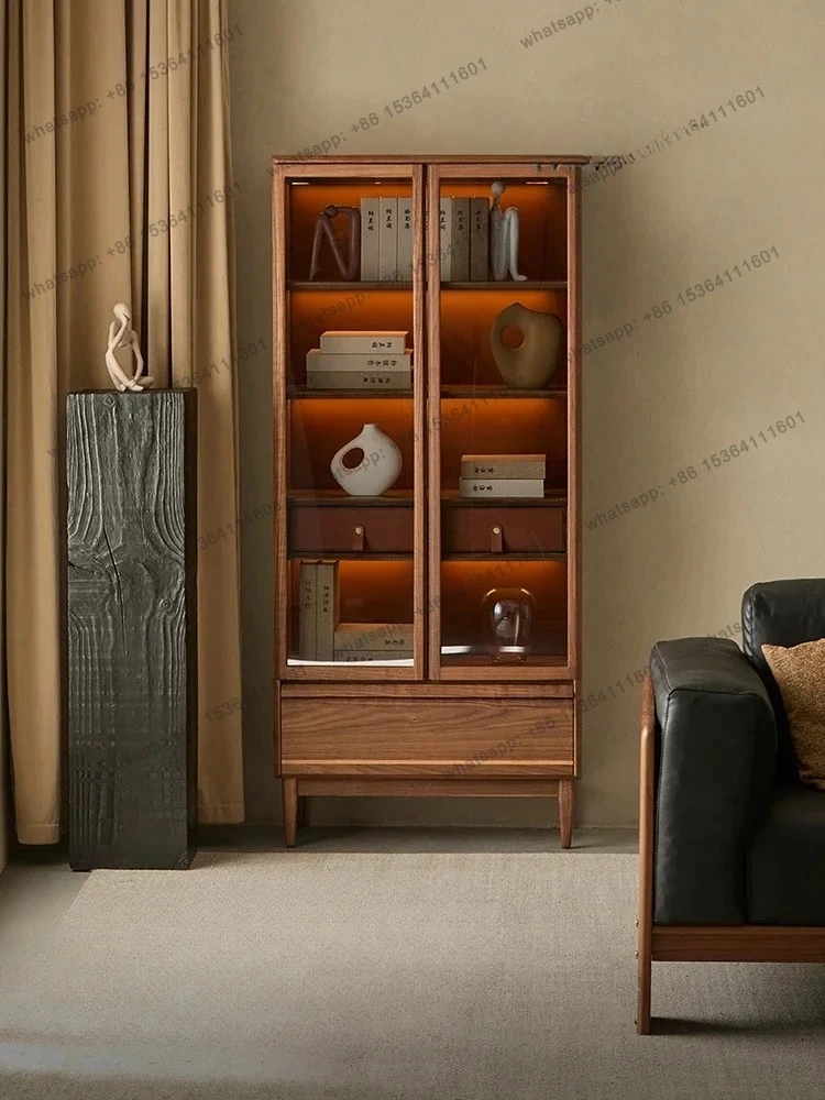 

North American black walnut solid wood bookcase household shelf study display case medieval bookshelf