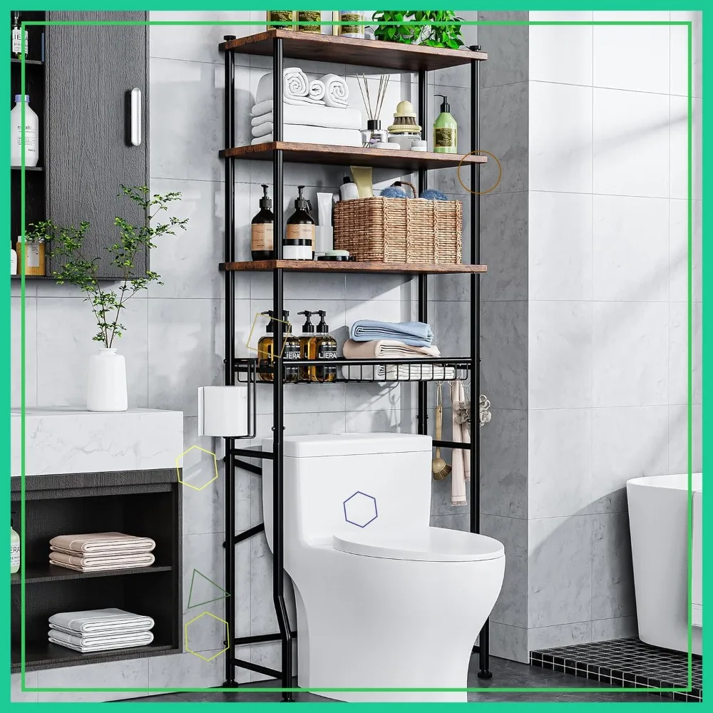

4-уровневая полка для хранения над унитазом, шкаф-органайзер для ванной комнаты с корзиной и крючками, экономия места