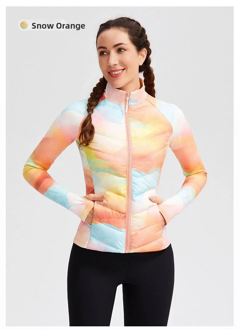 

Легкая спортивная куртка-пуховик с воротником-стойкой, приталенная, для йоги, бега, пилатеса, с наполнителем из перьев, теплая верхняя одежда для весны, с длинными рукавами