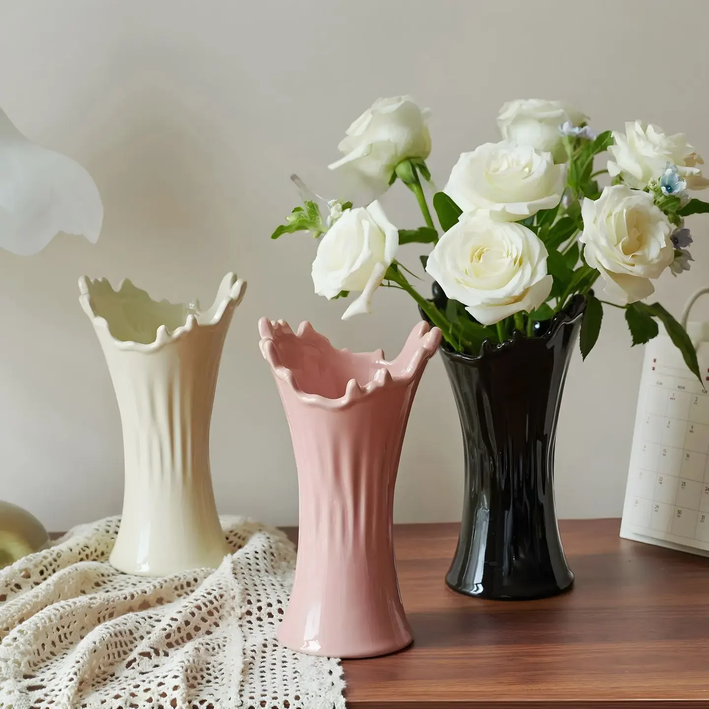 CAPIRON Luxury Nordic Wavy Rim Ceramic Vase Black Beige Modern Flower Pot for Fresh Flowers Dried Pampas Grass Home Decor