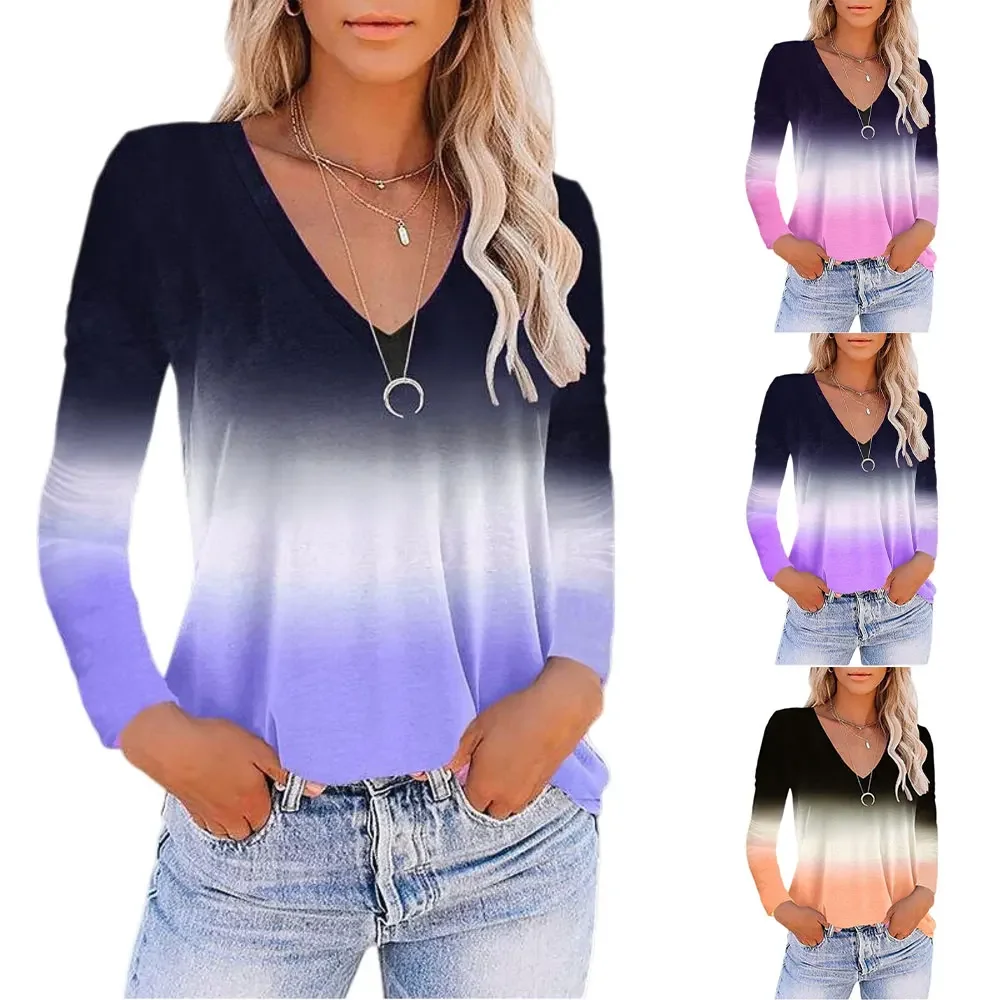 

Fashion Gradient Printed V-neck Long Sleeved Women's T-shirt Pullover Top Party Looks Top Female Streetwear Woman Clothes