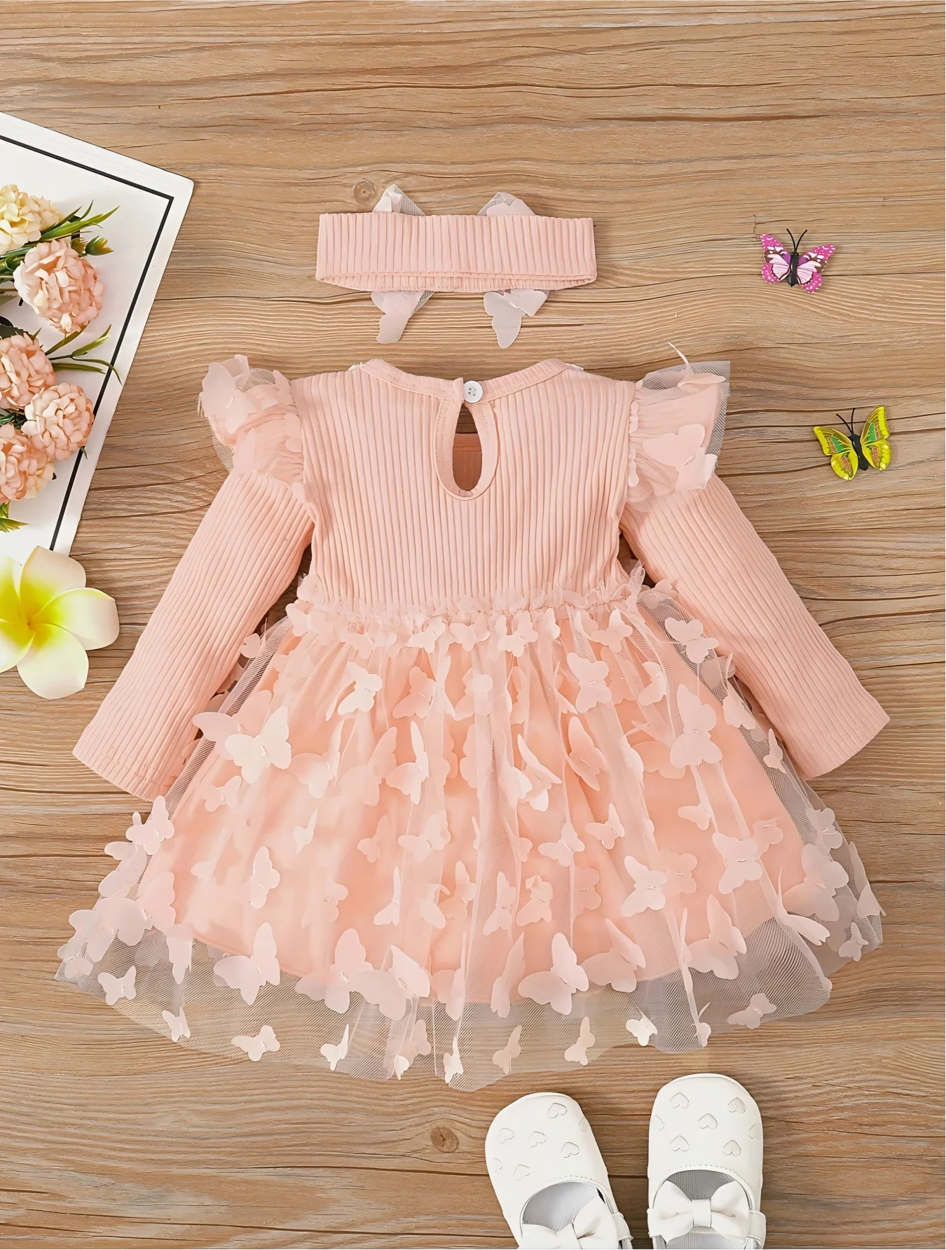 Newborn Baby Girl 2-Piece Set, Pink Long Sleeve Crew Neck Dress with Lace & Butterfly Tulle Splicing, Cute Princess Party Outfit