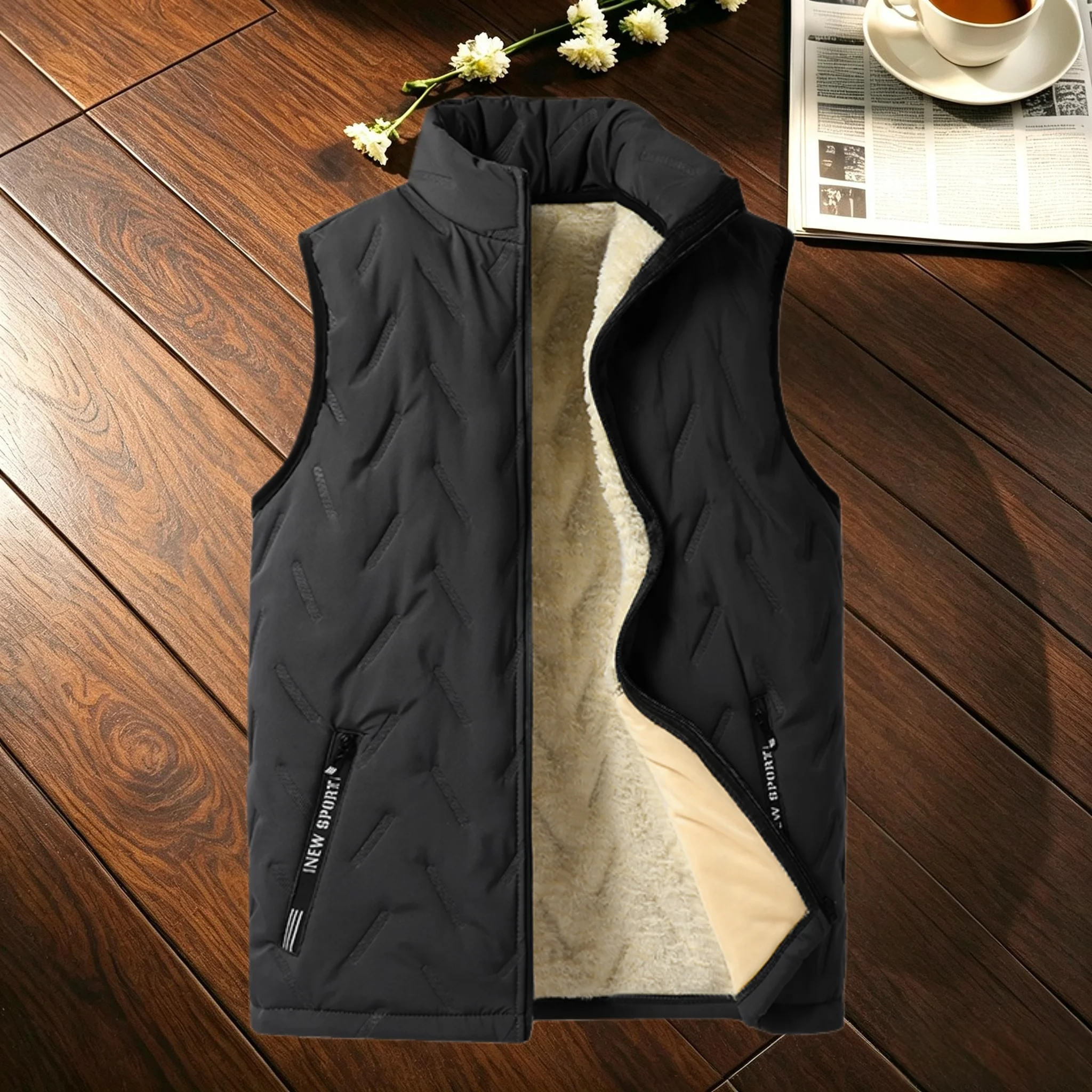 Men Fleece Lined Padded Vest Stand Collar Zip‑Up Sleeveless Jacket Windproof Warm Quilted Waistcoat for Winter