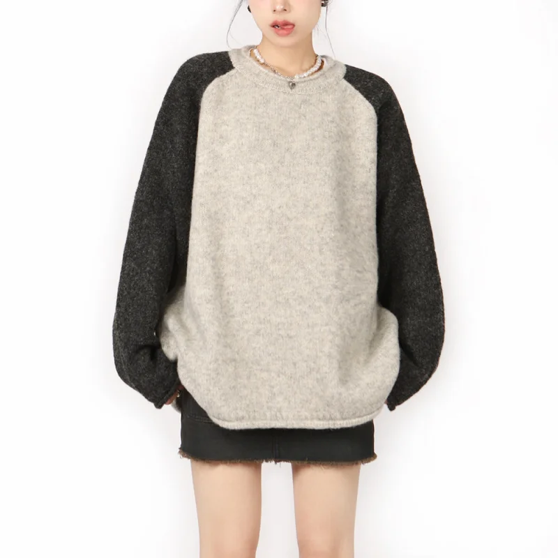 

American Retro Patchwork Color Block Raglan Crew Neck Sweater for Women, New Autumn Winter Lazy Style Oversize Couple Top