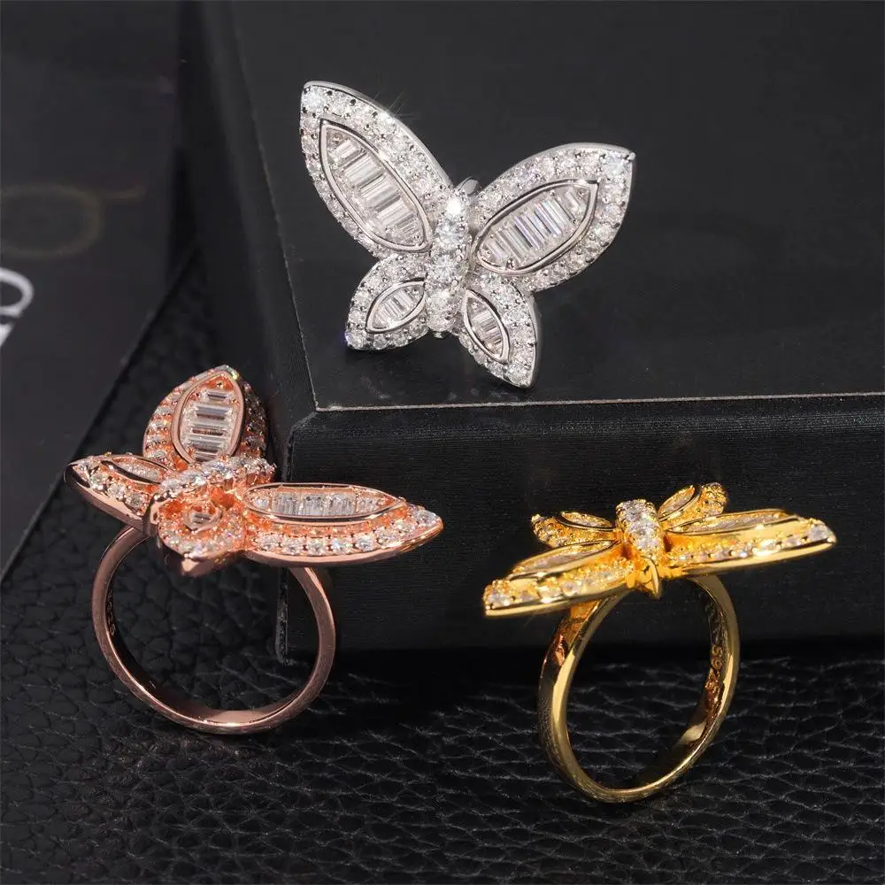 De Chic Fine Jewelry 925 Sterling Silver Iced Out VVS1 Baguette Moissanite Diamond Butterfly Ring