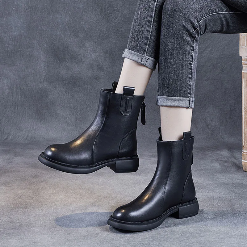 DRKANOL Autumn Winter Warm Mid Calf Boots Women Genuine Cow Leather Thick Heel Casual Chelsea Boots Back Zipper Chimney Boots