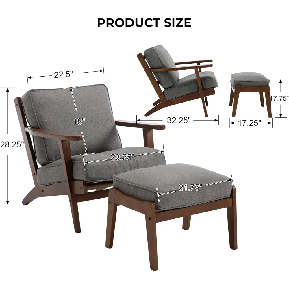 Living Room Accent Chairs Mid Century Modern Reading Arm Chair with Ottoman, Fabric Bedroom Chair with Soild Wood Frame, Elegant