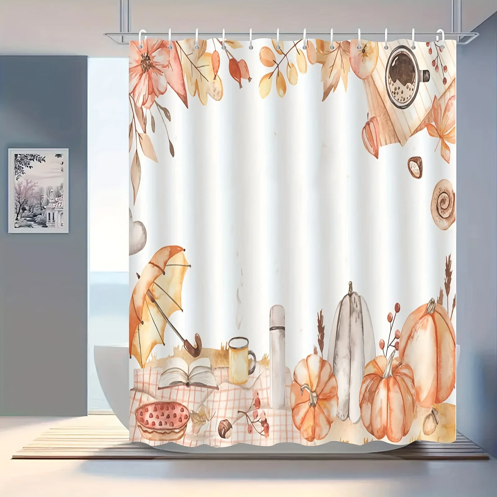 

Элегантная занавеска для душа с акварельными цветами и тыквой — высококачественная, противотуманная, можно стирать в машине, крючки в комплекте — для ванной комнаты