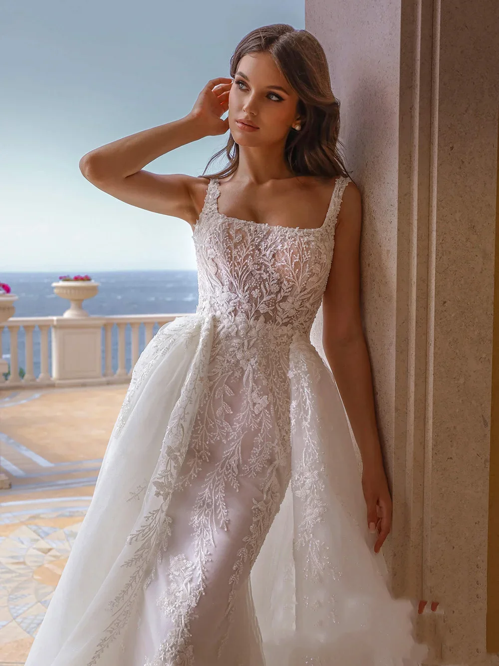 Flavinke فساتين زفاف حورية البحر مخصصة 2025 ذيل قابل للانفصال رقبة مربعة زين سويب تراين فيستدو دي نويفا فستان زفاف