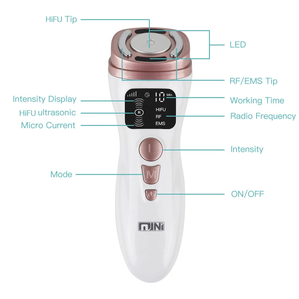 Mini machine HIFU à ultrasons RF EMS, microcourant, lifting du visage et du cou, raffermissement de la peau, soins de la peau, appareil de beauté